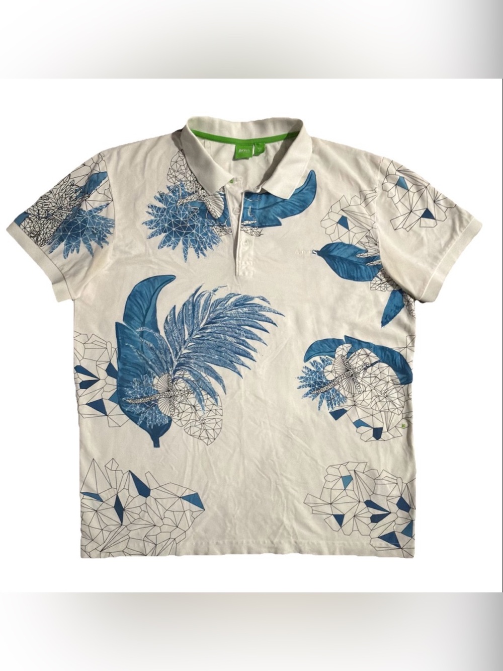 Hugo Boss Men's XL Botanical Geometric Floral Print Polo Shirt - White & Blue